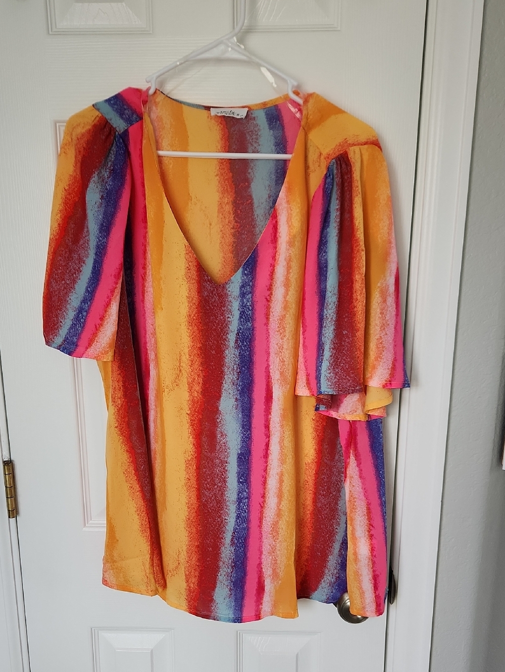 Multicolor Striped V-Neck Flutter Sleeve Top